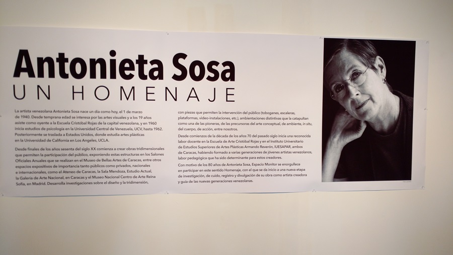 Un mural rinde homenaje a la artista Antonieta Sosa. El lado izquierdo tiene un texto en español titulado "Antonieta Sosa: Un Homenaje". El lado derecho muestra un retrato en blanco y negro de Antonieta Sosa, apoyando la cabeza en la mano.