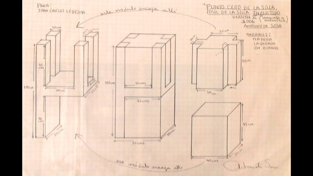 Dibujo técnico en papel cuadriculado que muestra cinco diagramas de una estructura cúbica con medidas detalladas en centímetros. Las flechas indican los pasos de montaje. El texto de la parte superior derecha indica el título, el artista, los materiales y la dedicatoria.
